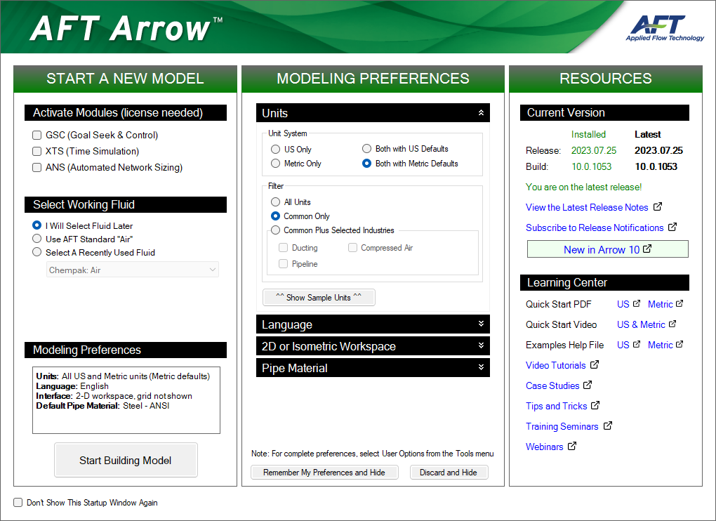 The Startup Window in AFT Arrow showing the modeling preferences.